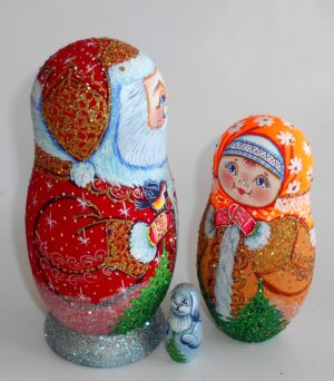 Santa with bullfinches and village girl nesting Doll Babooshki s