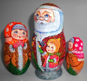 Santa with bullfinches and village girl nesting Doll Babooshki s