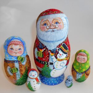 Santa with snowman and bullfinches babushka Babushka Matryoshka nesting Doll Babooshki Babushkas