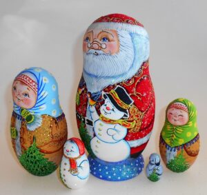 Santa with snowman and bullfinches nesting Doll Babooshki s