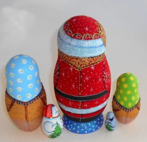 Santa with snowman and bullfinches nesting Doll Babooshki s