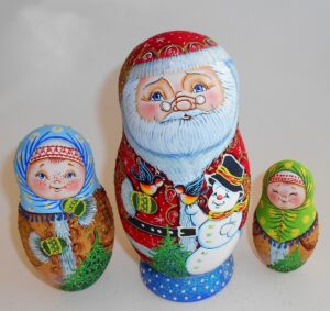 Santa with snowman and bullfinches nesting Doll Babooshki s