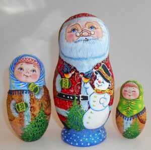 Santa with snowman and bullfinches nesting Doll Babooshki s