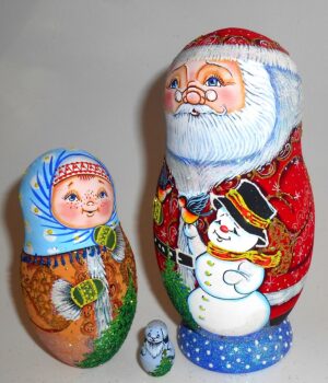Santa with snowman and bullfinches nesting Doll Babooshki s