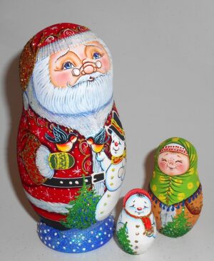 Santa with snowman and bullfinches nesting Doll Babooshki s
