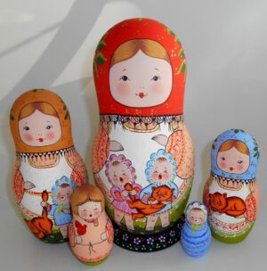 Village Family TWINS toddlers and fortuneless cat XL Babushka Matryoshka nesting Doll Babooshki Babushkas