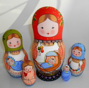 Village girl with toddlers in a prammy XL Babushka Matryoshka nesting Doll Babooshki Babushkas