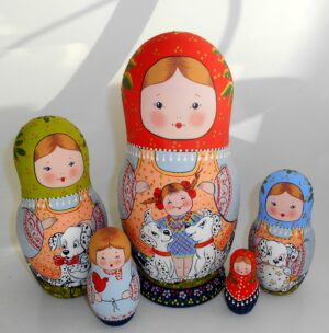 Village girls with Dalmatians XL Babushka Matryoshka nesting Doll Babooshki Babushkas