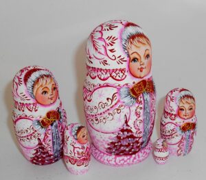 Village girl white/coral winter dress small nesting Doll Babooshki s