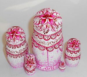 Village girl white/coral winter dress small nesting Doll Babooshki s
