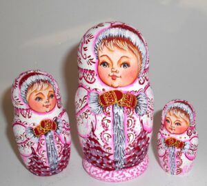 Village girl white/coral winter dress small nesting Doll Babooshki s