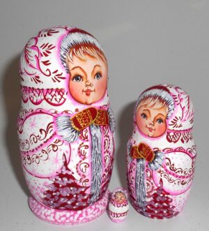 Village girl white/coral winter dress small nesting Doll Babooshki s