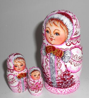 Village girl white/coral winter dress small nesting Doll Babooshki s