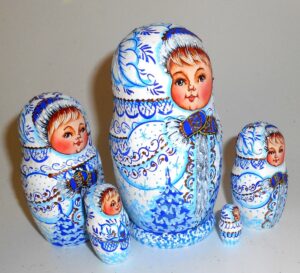 Village girl white/blue winter dress small nesting Doll Babooshki s
