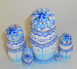 Village girl white/blue winter dress small nesting Doll Babooshki s
