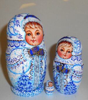 Village girl white/blue winter dress small nesting Doll Babooshki s
