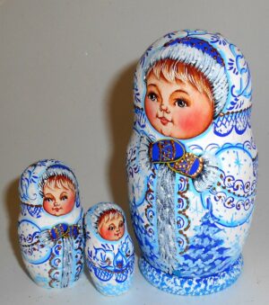 Village girl white/blue winter dress small nesting Doll Babooshki s