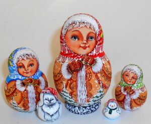 Village girl in sheepskin coat small Babushka Matryoshka nesting Doll Babooshki Babushkas