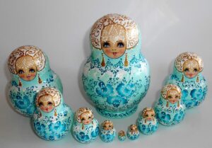 Nata in cyan lace dress small 10-set Babushka Matryoshka nesting Doll Babooshki Babushkas