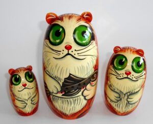 Funny ginger Cat with fish 3-set large Babushka Matryoshka nesting Doll Babooshki Babushkas