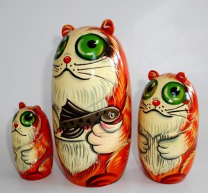 Funny ginger Cat with fish 3-set large nesting Doll Babooshki s