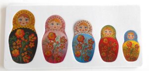 Babushka Fridge Magnet Black Sparkles set of 5   Babushka Matryoshka nesting Doll  Babooshki Babushkas