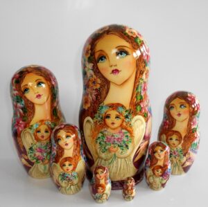 Angels as flower girls grey/blue scarf 7-set huge Babushka Matryoshka nesting Doll Babooshki Babushkas