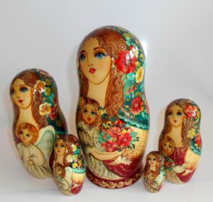 Angels as flower girls blue scarf 5-set large nesting Doll Babooshki s