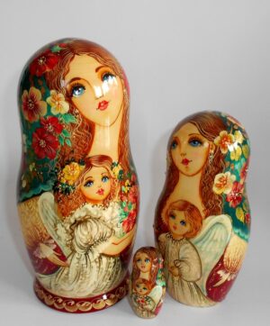 Angels as flower girls blue scarf 5-set large nesting Doll Babooshki s