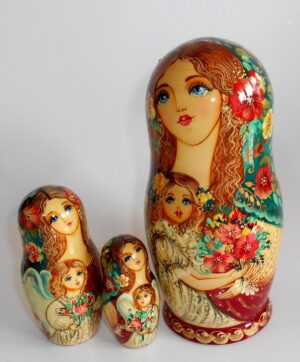 Angels as flower girls blue scarf 5-set large nesting Doll Babooshki s
