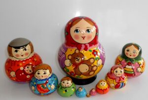 Village girl with teddy bear red scarf 10-set Babushka Matryoshka nesting Doll Babooshki Babushkas Classic Village Traditional