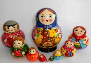 Village girl with rocking horse blue scarf 10-set Babushka Matryoshka nesting Doll Babooshki Babushkas Classic Village Traditional