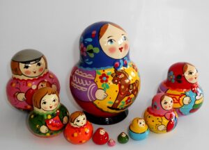 Village girl with rocking horse blue scarf 10-set nesting Doll Babooshki s Classic Village Traditional