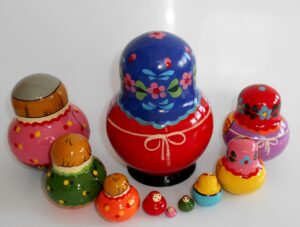 Village girl with rocking horse blue scarf 10-set nesting Doll Babooshki s Classic Village Traditional