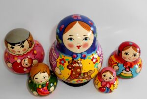Village girl with rocking horse blue scarf 10-set nesting Doll Babooshki s Classic Village Traditional