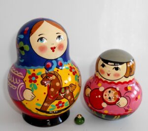 Village girl with rocking horse blue scarf 10-set nesting Doll Babooshki s Classic Village Traditional