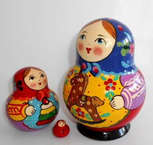 Village girl with rocking horse blue scarf 10-set nesting Doll Babooshki s Classic Village Traditional