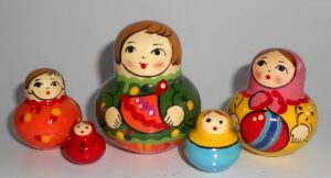 Village girl with rocking horse blue scarf 10-set nesting Doll Babooshki s Classic Village Traditional