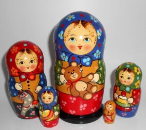 Village girl with teddy bear blue scarf large Babushka Matryoshka nesting Doll Babooshki Babushkas Classic Village Traditional
