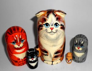 Sweet Tabby Cat family with 3D ears and tail Babushka Matryoshka nesting Doll Babooshki Babushkas