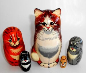 Sweet Red Cat family with 3D ears and tail Babushka Matryoshka nesting Doll Babooshki Babushkas