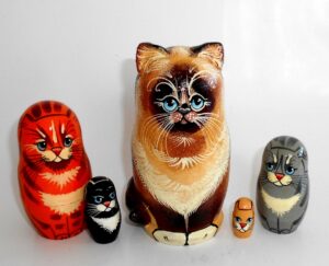 Sweet Brown Cat family with 3D ears and tail Babushka Matryoshka nesting Doll Babooshki Babushkas