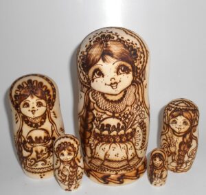 Village girls with Easter pies and eggs Babushka Matryoshka nesting Doll Babooshki Babushkas
