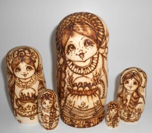 Village girls with Easter pies and eggs III Babushka Matryoshka nesting Doll Babooshki Babushkas
