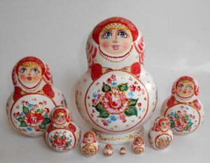 Girl with red roses in white dress 10-set Babushka Matryoshka nesting Doll  Babooshki Babushkas