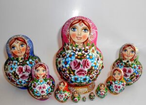 Kira pink scarf with 3D ladybugs 10-set Babushka Matryoshka nesting Doll Babooshki Babushkas