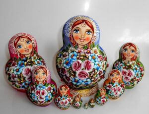 Kira blue scarf with 3D ladybugs 10-set Babushka Matryoshka nesting Doll Babooshki Babushkas