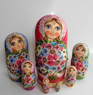 Kira gold scarf with 3D ladybugs 7-set huge Babushka Matryoshka nesting Doll Babooshki Babushkas