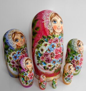 Kira gold scarf with 3D ladybugs 7-set huge nesting Doll Babooshki s