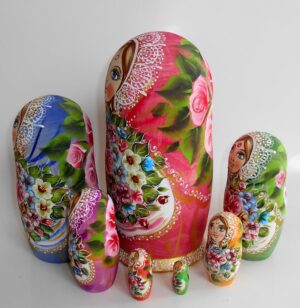 Kira gold scarf with 3D ladybugs 7-set huge nesting Doll Babooshki s